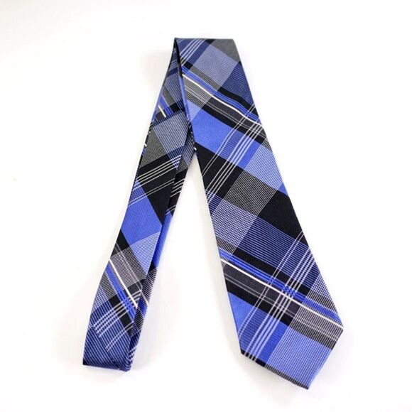 Michael Kors Blue Black Plaid Woven Silk Tie - Picture 7 of 7